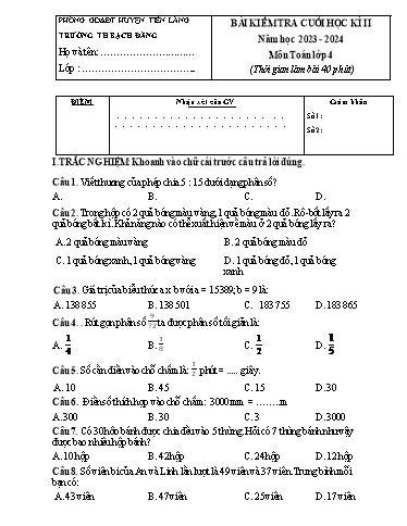 Bài Kiểm tra Cuối Học kì II môn Toán 4 năm học 2023-2024 (Có đáp án)