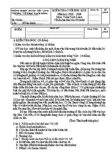 Đề Kiểm tra Cuối học kì II môn Tiếng Việt 4 năm học 2023-2024 (Có đáp án)