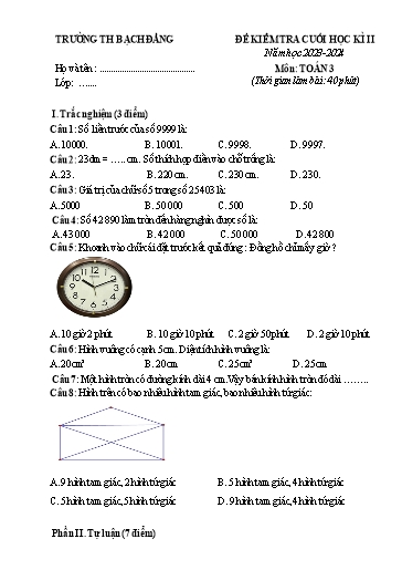 Đề Kiểm tra Cuối học kì II môn Toán 3 năm học 2023-2024 (Có đáp án)