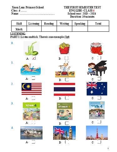 Đề Kiểm tra Học kì 1 môn Tiếng Anh 4 - Năm học 2023-2024