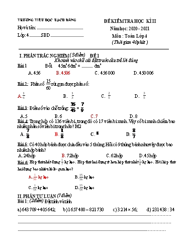 Đề Kiểm tra Học kì II môn Toán 4 năm học 2020-2021