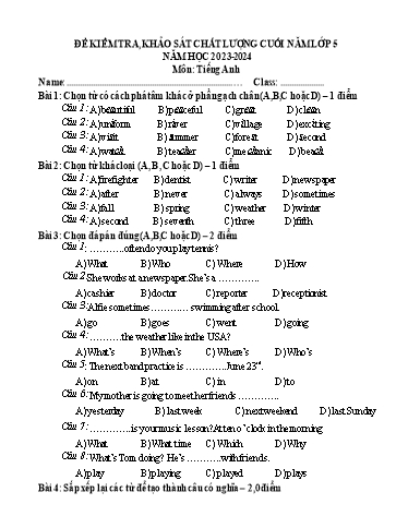 Đề Kiểm tra, Khảo sát Chất lượng cuối năm môn Tiếng Anh 5 Năm học 2023-2024