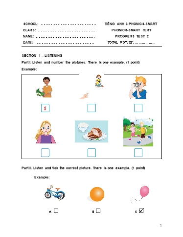 Đề Kiểm tra Tiếng Anh 3 (Phonics - Smart) - Smart Test - Progress Test 2