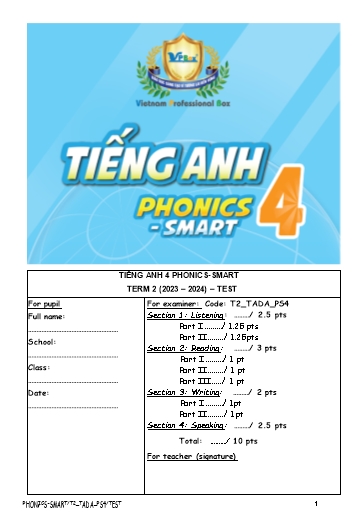 Đề Kiểm tra Tiếng Anh 4 (Phonics - Smart) - Term 2 (2023-2024) - Test