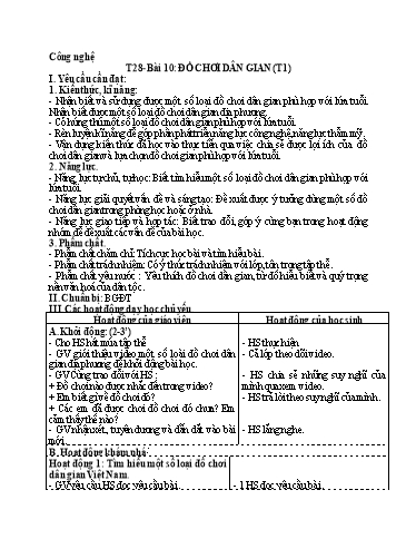 Kế hoạch bài dạy Công Nghệ 4 - Tuần 28, Bài 10: Đồ chơi dân gian (Tiết 1)