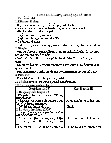 Kế hoạch bài dạy Đạo Đức 4 - Tuần 22, Tiết 22: Thiết lập quan hệ bạn bè (Tiết 2)