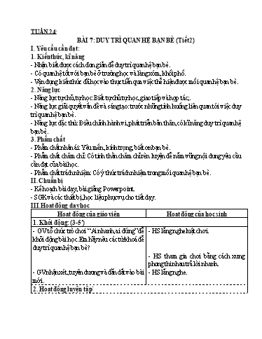 Kế hoạch bài dạy Đạo Đức 4 - Tuần 24, Bài 7: Duy trì quan hệ bạn bè (Tiết 2)