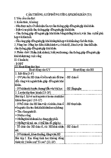 Kế hoạch bài dạy Đạo Đức 4 - Tuần 7, Bài: Cảm thông, giúp đỡ người gặp khó khăn (Tiết 3)