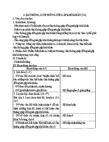 Kế hoạch bài dạy Đạo Đức 4 - Tuần 8, Bài: Cảm thông, giúp đỡ người gặp khó khăn (Tiết 4)