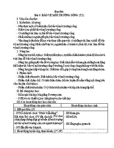 Kế hoạch bài dạy Đạo Đức 5 - Tuần 18, Bài 5: Bảo vệ môi trường sống (Tiết 2)