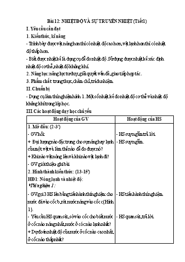 Kế hoạch bài dạy Khoa Học 4 - Tuần 12, Bài 12: Nhiệt độ và sự truyền nhiệt (Tiết 1)