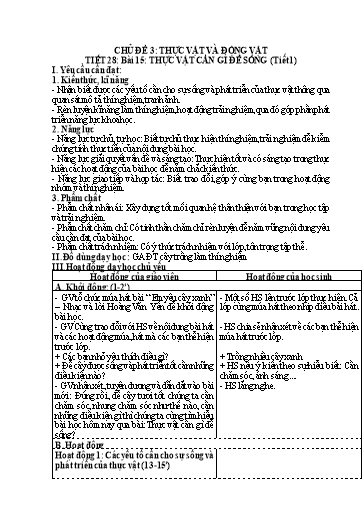 Kế hoạch bài dạy Khoa Học 4 - Tuần 14, Tiết 28, Bài 15: Thực vật cần gì để sống (Tiết 1)