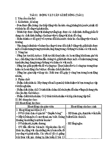 Kế hoạch bài dạy Khoa Học 4 - Tuần 16, Tiết 31: Động vật cần gì để sống (Tiết 1)