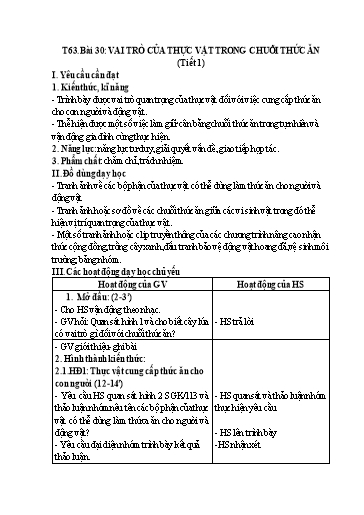 Kế hoạch bài dạy Khoa Học 4 - Tuần 32, Tiết 63, Bài 30: Vai trò của thực vật trong chuỗi thức ăn (Tiết 1)