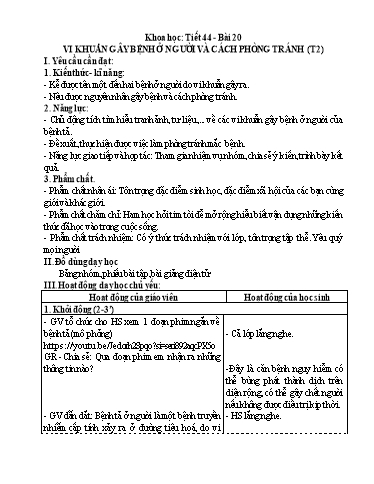 Kế hoạch bài dạy Khoa Học 5 - Tiết 44, Bài 20: Vi khuẩn gây bệnh ở người và cách phòng tránh (Tiết 2)