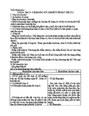 Kế hoạch bài dạy Khoa Học 5 - Tiết 54, Bài 25: Chăm sóc sức khỏe tuổi dậy thì (Tiết 2)