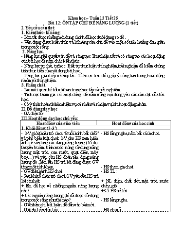 Kế hoạch bài dạy Khoa Học 5 - Tuần 13, Tiết 25, Bài 12: Ôn tập chủ đề năng lượng