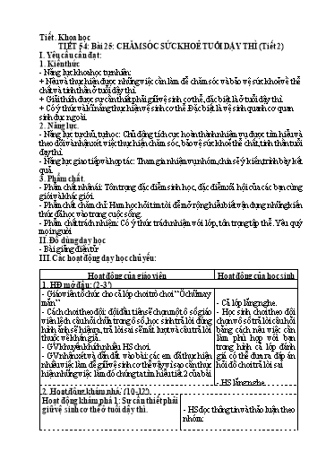 Kế hoạch bài dạy Khoa Học Lớp 5 - Tiết 54, Bài 25: Chăm sóc sức khỏe tuổi dậy thì (Tiết 2)