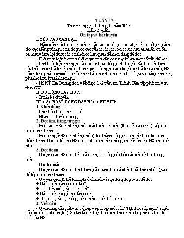 Kế hoạch bài dạy Lớp 1A - Tuần 12 Năm học 2023-2024