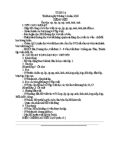 Kế hoạch bài dạy Lớp 1A - Tuần 14 Năm học 2023-2024