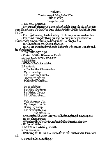 Kế hoạch bài dạy Lớp 1A - Tuần 26 Năm học 2023-2024