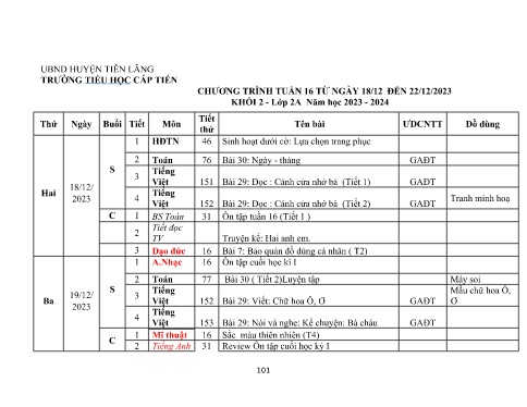 Kế hoạch bài dạy Lớp 2 - Tuần 16 Năm học 2023-2024