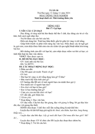 Kế hoạch bài dạy Lớp 2B - Tuần 10 Năm học 2024-2025