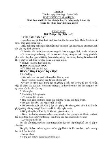 Kế hoạch bài dạy Lớp 2B - Tuần 15 Năm học 2024-2025