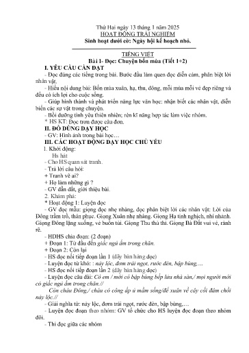 Kế hoạch bài dạy Lớp 2B - Tuần 19 (13/1 - 17/1/2025) Năm học 2024-2025