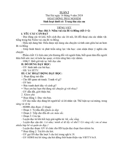 Kế hoạch bài dạy Lớp 2B - Tuần 2 Năm học 2024-2025