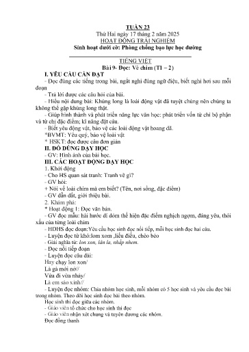 Kế hoạch bài dạy Lớp 2B - Tuần 23 Năm học 2024-2025