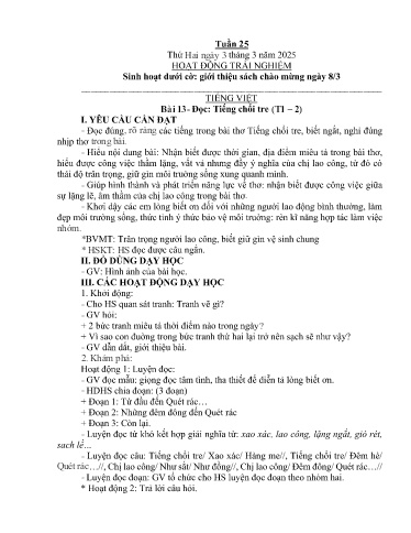 Kế hoạch bài dạy Lớp 2B - Tuần 25 Năm học 2024-2025