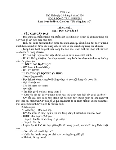 Kế hoạch bài dạy Lớp 2B - Tuần 4 (30/9 - 4/10/2024) Năm học 2024-2025