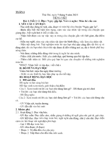 Kế hoạch bài dạy Lớp 3A - Tuần 1 Năm học 2024-2025