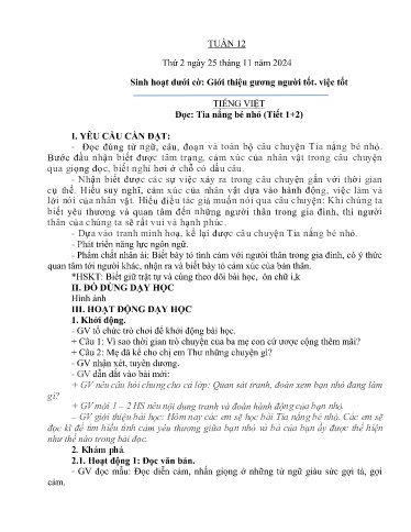 Kế hoạch bài dạy Lớp 3A - Tuần 12 Năm học 2024-2025