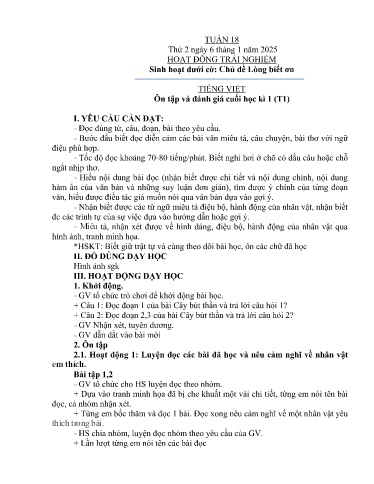 Kế hoạch bài dạy Lớp 3A - Tuần 18 Năm học 2024-2025