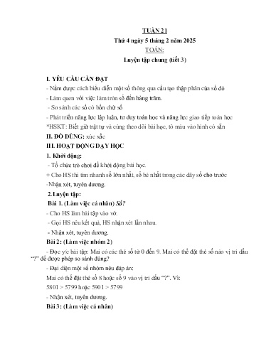 Kế hoạch bài dạy Lớp 3A - Tuần 21 Năm học 2024-2025