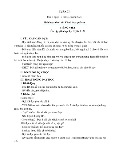 Kế hoạch bài dạy Lớp 3A - Tuần 27 Năm học 2024-2025