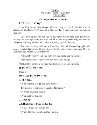 Kế hoạch bài dạy Lớp 3A - Tuần 9 Năm học 2024-2025