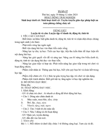 Kế hoạch bài dạy Lớp 4A - Tuần 17 Năm học 2024-2025