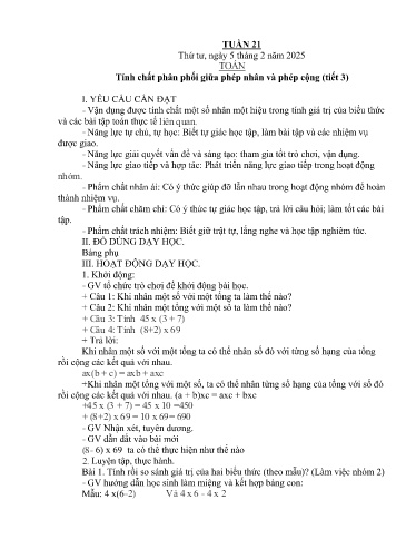 Kế hoạch bài dạy Lớp 4A - Tuần 21 Năm học 2024-2025