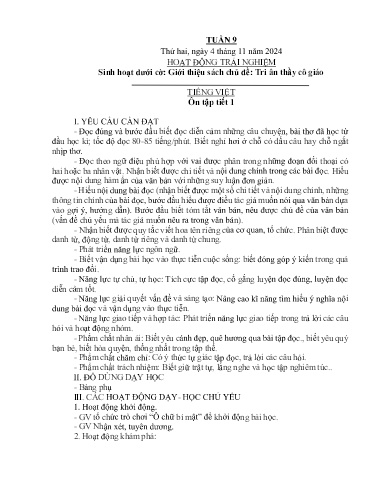 Kế hoạch bài dạy Lớp 4A - Tuần 9 Năm học 2024-2025