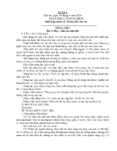 Kế hoạch bài dạy Lớp 4B - Tuần 2 Năm học 2024-2025