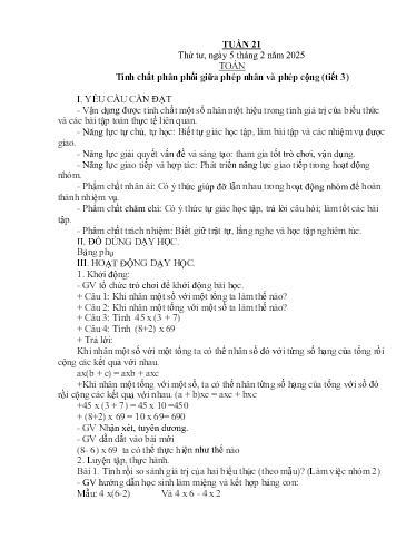 Kế hoạch bài dạy Lớp 4B - Tuần 21 Năm học 2024-2025