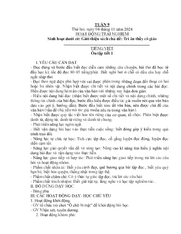 Kế hoạch bài dạy Lớp 4B - Tuần 9 Năm học 2024-2025