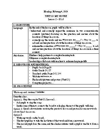 Kế hoạch bài dạy Tiếng Anh 3 - Thứ 2, Tuần 23 Năm học 2023-2024 (Lê Thị Xuân)