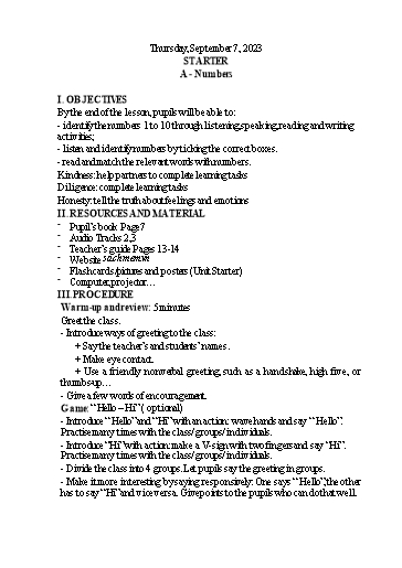 Kế hoạch bài dạy Tiếng Anh 3 - Tuần 1 Năm học 2023-2024 (Lê Thị Xuân)