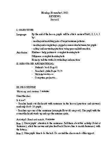 Kế hoạch bài dạy Tiếng Anh 3 - Tuần 10 Năm học 2023-2024 (Lê Thị Xuân)