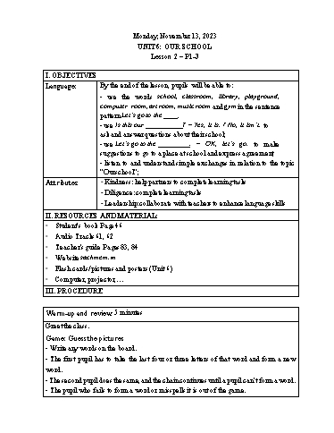 Kế hoạch bài dạy Tiếng Anh 3 - Tuần 11 Năm học 2023-2024 (Lê Thị Xuân)