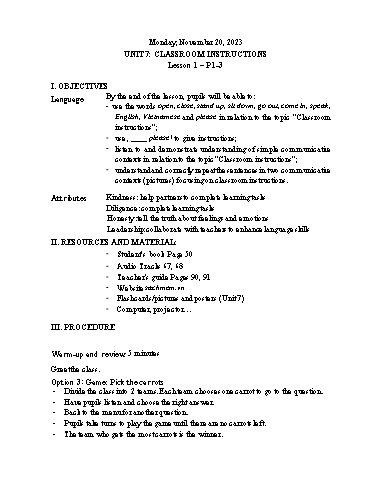 Kế hoạch bài dạy Tiếng Anh 3 - Tuần 12 Năm học 2023-2024 (Lê Thị Xuân)